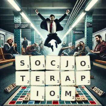Kreatywna ilustracja do gry w Scrabble ze słowem SOCJOTERAPIOM ułożonym z płytek na planszy.
