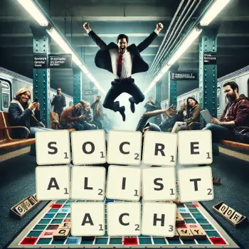 Kreatywna ilustracja do gry w Scrabble ze słowem SOCREALISTACH ułożonym z płytek na planszy.