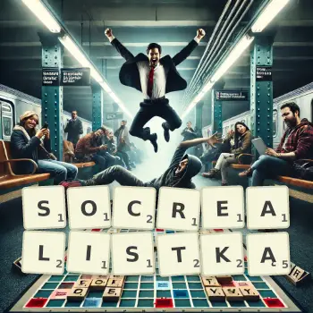 Kreatywna ilustracja do gry w Scrabble ze słowem SOCREALISTKĄ ułożonym z płytek na planszy.