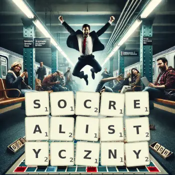 Kreatywna ilustracja do gry w Scrabble ze słowem SOCREALISTYCZNY ułożonym z płytek na planszy.