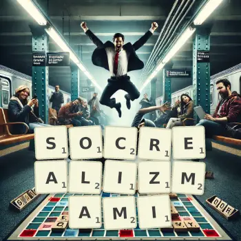 Kreatywna ilustracja do gry w Scrabble ze słowem SOCREALIZMAMI ułożonym z płytek na planszy.