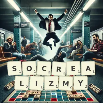 Kreatywna ilustracja do gry w Scrabble ze słowem SOCREALIZMY ułożonym z płytek na planszy.