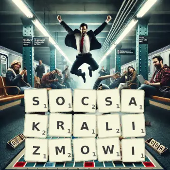 Kreatywna ilustracja do gry w Scrabble ze słowem SOCSAKRALIZMOWI ułożonym z płytek na planszy.