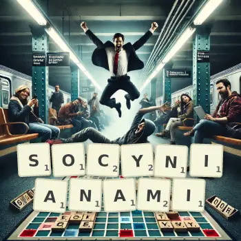 Kreatywna ilustracja do gry w Scrabble ze słowem SOCYNIANAMI ułożonym z płytek na planszy.