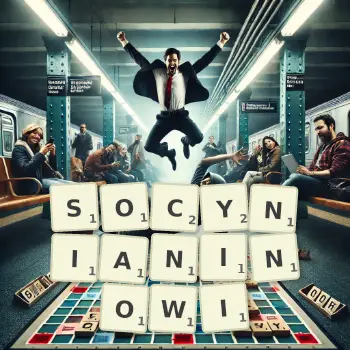 Kreatywna ilustracja do gry w Scrabble ze słowem SOCYNIANINOWI ułożonym z płytek na planszy.