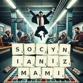 Kreatywna ilustracja do gry w Scrabble ze słowem SOCYNIANIZMAMI ułożonym z płytek na planszy.