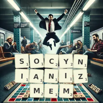 Kreatywna ilustracja do gry w Scrabble ze słowem SOCYNIANIZMEM ułożonym z płytek na planszy.