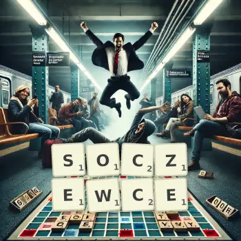 Kreatywna ilustracja do gry w Scrabble ze słowem SOCZEWCE ułożonym z płytek na planszy.