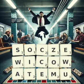 Kreatywna ilustracja do gry w Scrabble ze słowem SOCZEWICOWATEMU ułożonym z płytek na planszy.