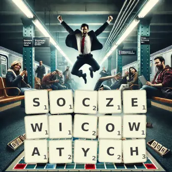 Kreatywna ilustracja do gry w Scrabble ze słowem SOCZEWICOWATYCH ułożonym z płytek na planszy.
