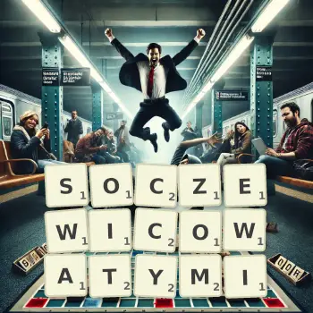 Kreatywna ilustracja do gry w Scrabble ze słowem SOCZEWICOWATYMI ułożonym z płytek na planszy.