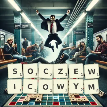 Kreatywna ilustracja do gry w Scrabble ze słowem SOCZEWICOWYM ułożonym z płytek na planszy.