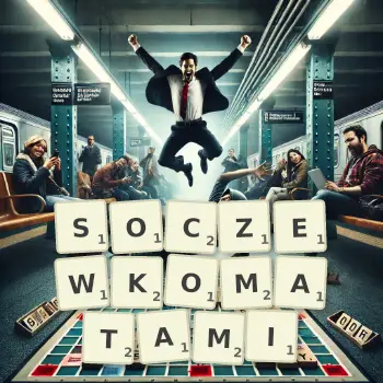 Kreatywna ilustracja do gry w Scrabble ze słowem SOCZEWKOMATAMI ułożonym z płytek na planszy.