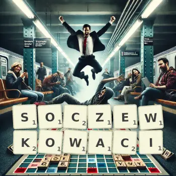 Kreatywna ilustracja do gry w Scrabble ze słowem SOCZEWKOWACI ułożonym z płytek na planszy.