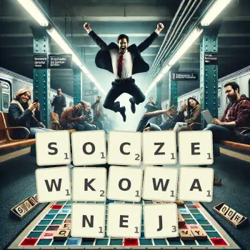 Kreatywna ilustracja do gry w Scrabble ze słowem SOCZEWKOWANEJ ułożonym z płytek na planszy.