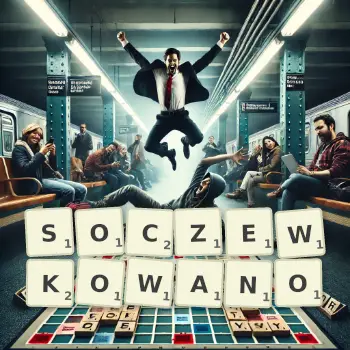 Kreatywna ilustracja do gry w Scrabble ze słowem SOCZEWKOWANO ułożonym z płytek na planszy.