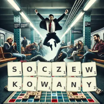 Kreatywna ilustracja do gry w Scrabble ze słowem SOCZEWKOWANY ułożonym z płytek na planszy.