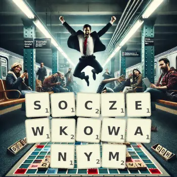 Kreatywna ilustracja do gry w Scrabble ze słowem SOCZEWKOWANYM ułożonym z płytek na planszy.