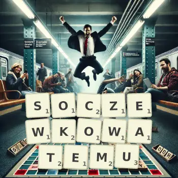 Kreatywna ilustracja do gry w Scrabble ze słowem SOCZEWKOWATEMU ułożonym z płytek na planszy.