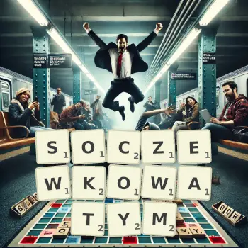 Kreatywna ilustracja do gry w Scrabble ze słowem SOCZEWKOWATYM ułożonym z płytek na planszy.