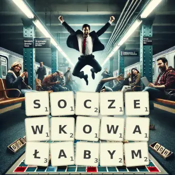 Kreatywna ilustracja do gry w Scrabble ze słowem SOCZEWKOWAŁABYM ułożonym z płytek na planszy.