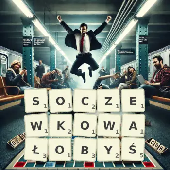Kreatywna ilustracja do gry w Scrabble ze słowem SOCZEWKOWAŁOBYŚ ułożonym z płytek na planszy.