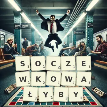 Kreatywna ilustracja do gry w Scrabble ze słowem SOCZEWKOWAŁYBY ułożonym z płytek na planszy.