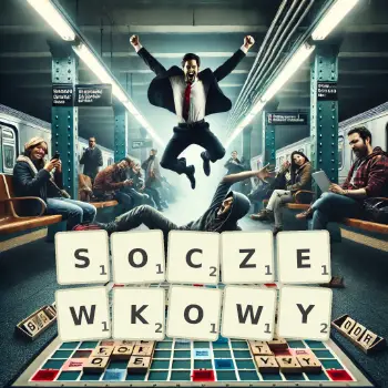 Kreatywna ilustracja do gry w Scrabble ze słowem SOCZEWKOWY ułożonym z płytek na planszy.