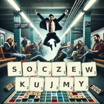Kreatywna ilustracja do gry w Scrabble ze słowem SOCZEWKUJMY ułożonym z płytek na planszy.