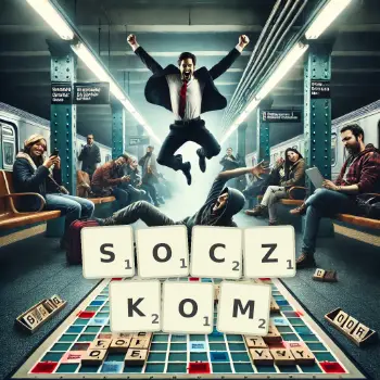 Kreatywna ilustracja do gry w Scrabble ze słowem SOCZKOM ułożonym z płytek na planszy.