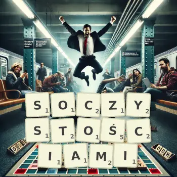 Kreatywna ilustracja do gry w Scrabble ze słowem SOCZYSTOŚCIAMI ułożonym z płytek na planszy.