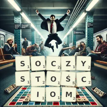 Kreatywna ilustracja do gry w Scrabble ze słowem SOCZYSTOŚCIOM ułożonym z płytek na planszy.