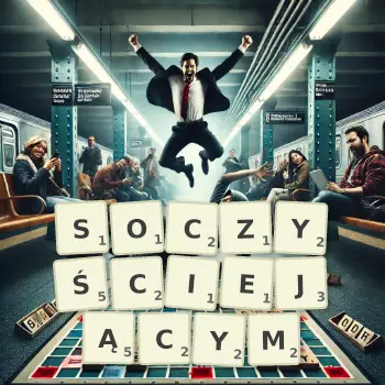 Kreatywna ilustracja do gry w Scrabble ze słowem SOCZYŚCIEJĄCYM ułożonym z płytek na planszy.