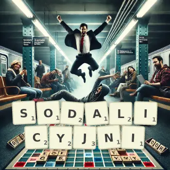 Kreatywna ilustracja do gry w Scrabble ze słowem SODALICYJNI ułożonym z płytek na planszy.