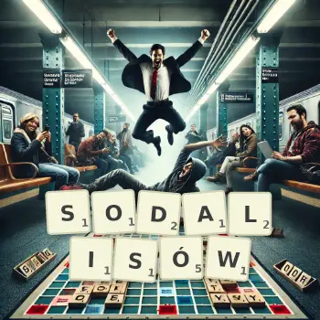 Kreatywna ilustracja do gry w Scrabble ze słowem SODALISÓW ułożonym z płytek na planszy.