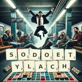 Kreatywna ilustracja do gry w Scrabble ze słowem SODOETYLACH ułożonym z płytek na planszy.