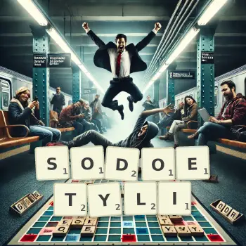 Kreatywna ilustracja do gry w Scrabble ze słowem SODOETYLI ułożonym z płytek na planszy.