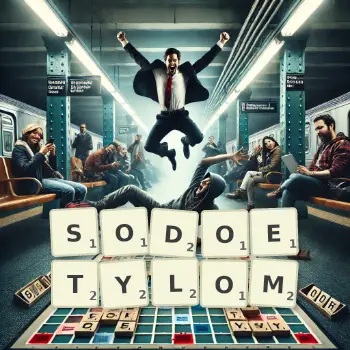 Kreatywna ilustracja do gry w Scrabble ze słowem SODOETYLOM ułożonym z płytek na planszy.