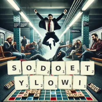 Kreatywna ilustracja do gry w Scrabble ze słowem SODOETYLOWI ułożonym z płytek na planszy.