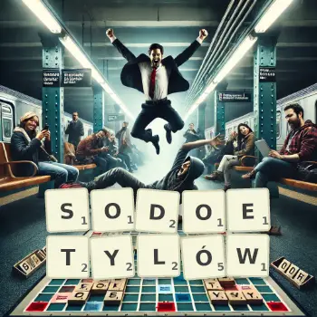 Kreatywna ilustracja do gry w Scrabble ze słowem SODOETYLÓW ułożonym z płytek na planszy.