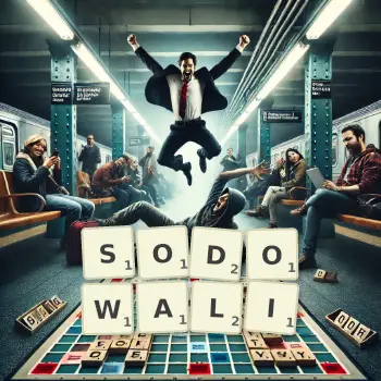 Kreatywna ilustracja do gry w Scrabble ze słowem SODOWALI ułożonym z płytek na planszy.