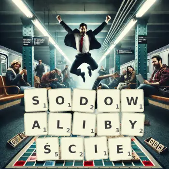 Kreatywna ilustracja do gry w Scrabble ze słowem SODOWALIBYŚCIE ułożonym z płytek na planszy.