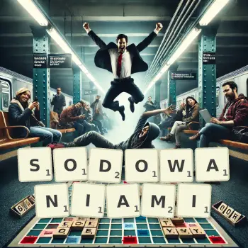 Kreatywna ilustracja do gry w Scrabble ze słowem SODOWANIAMI ułożonym z płytek na planszy.