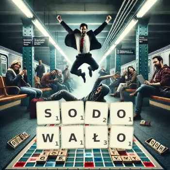 Kreatywna ilustracja do gry w Scrabble ze słowem SODOWAŁO ułożonym z płytek na planszy.
