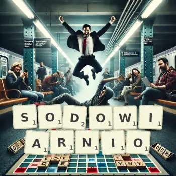 Kreatywna ilustracja do gry w Scrabble ze słowem SODOWIARNIO ułożonym z płytek na planszy.