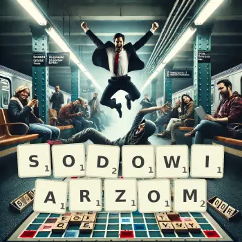 Kreatywna ilustracja do gry w Scrabble ze słowem SODOWIARZOM ułożonym z płytek na planszy.