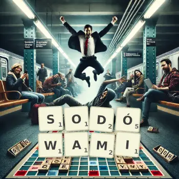 Kreatywna ilustracja do gry w Scrabble ze słowem SODÓWAMI ułożonym z płytek na planszy.