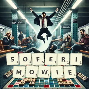 Kreatywna ilustracja do gry w Scrabble ze słowem SOFERIMOWIE ułożonym z płytek na planszy.