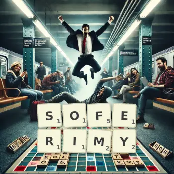 Kreatywna ilustracja do gry w Scrabble ze słowem SOFERIMY ułożonym z płytek na planszy.