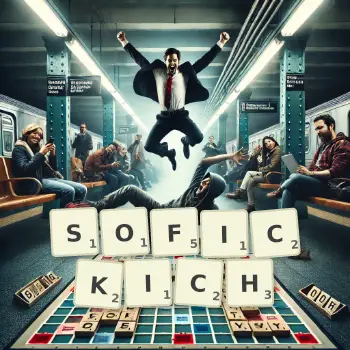 Kreatywna ilustracja do gry w Scrabble ze słowem SOFICKICH ułożonym z płytek na planszy.